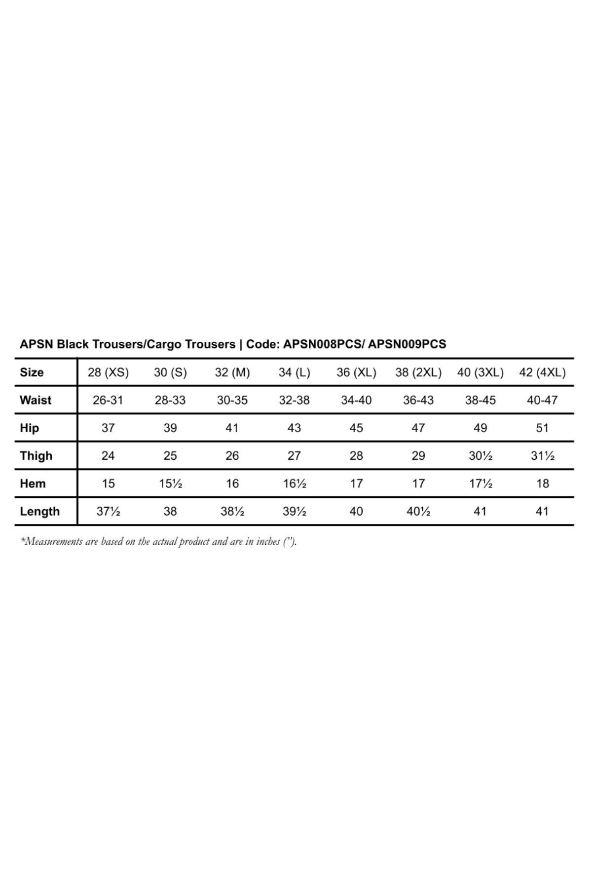 APSN Cargo Pants Measurement
