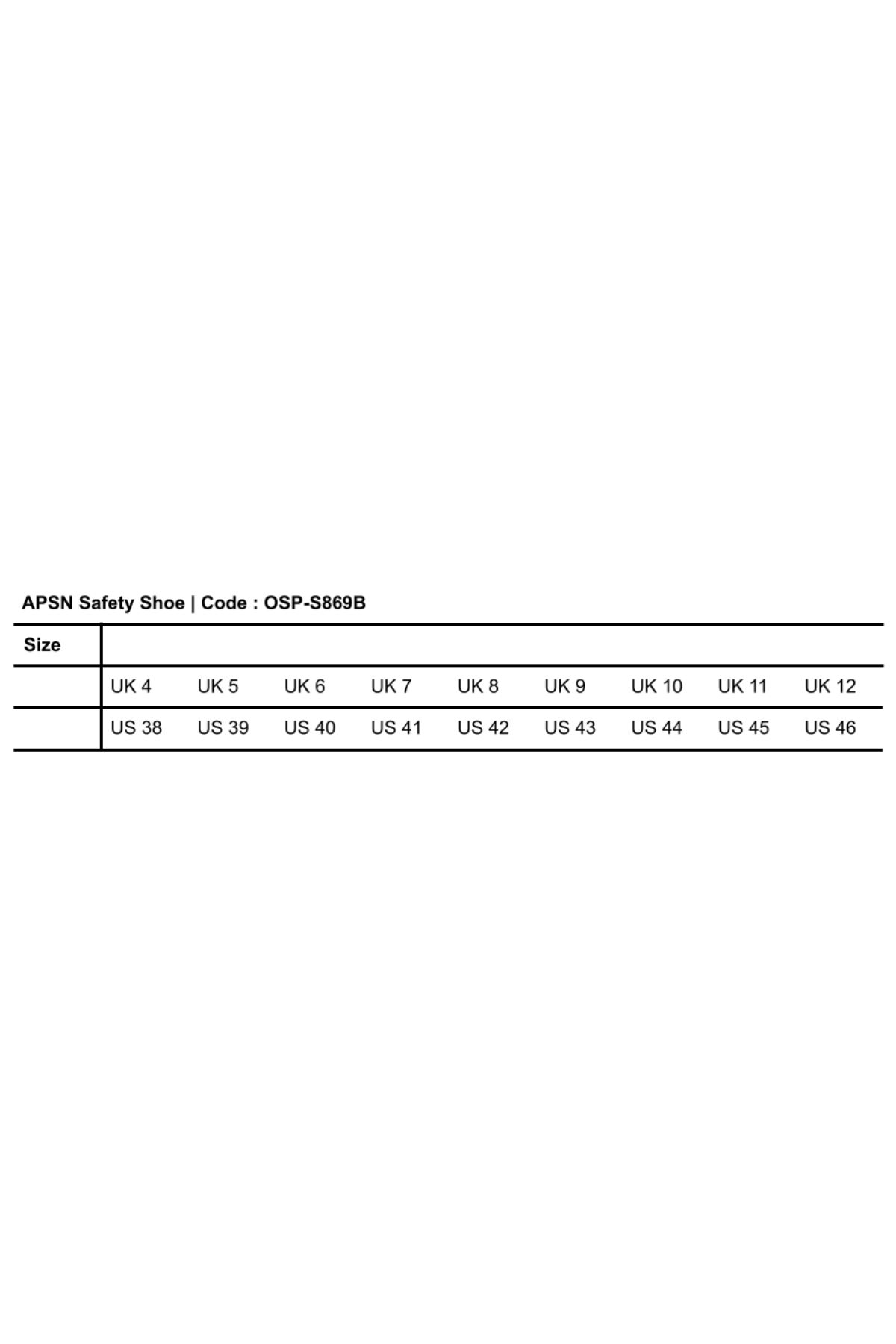 Black Low Cut Safety Shoe Size Chart