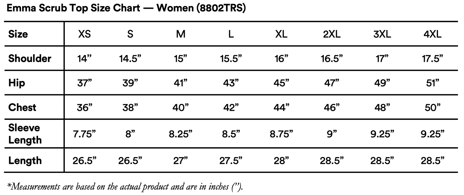 Emma Scrub Top Women Size Chart