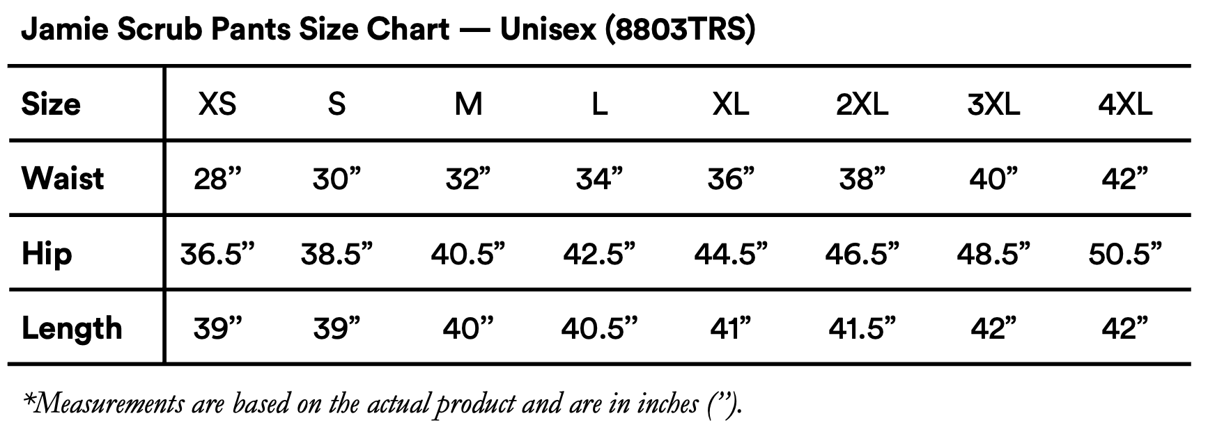 Jamie Medical Scrub Pants Size Chart