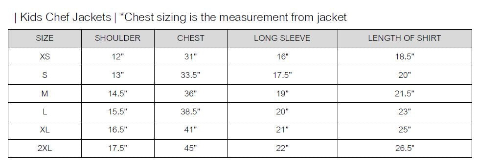 Junior Thyme White, Long Sleeve Chef Jacket Size Chart