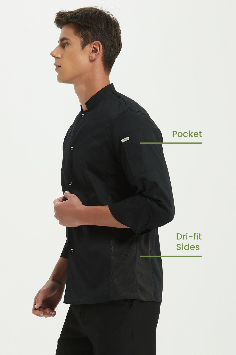 Mint Black Chef Jacket with Dri-fit, Side View